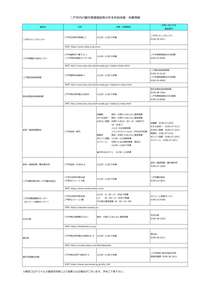 2021年末年始営業情報